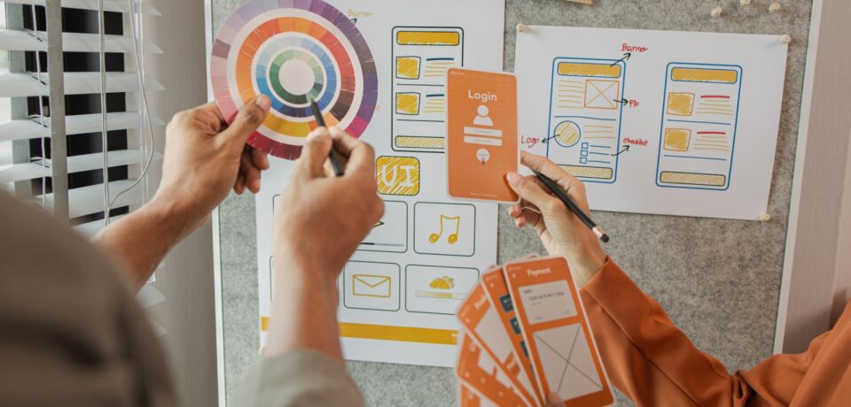 UI UX designers team working on new website wireframe in office